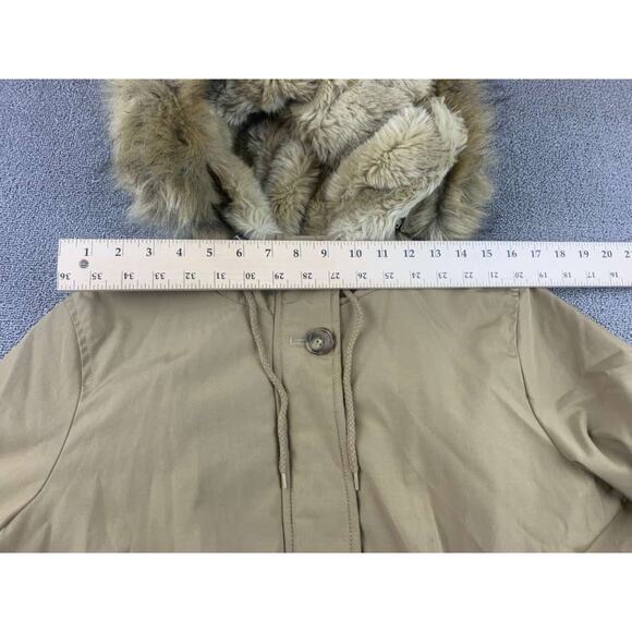 Levi’s Hooded Parka Jacket Women L Tan Faux Fur Trim Quilted Lining Drawcord - Picture 9 of 13